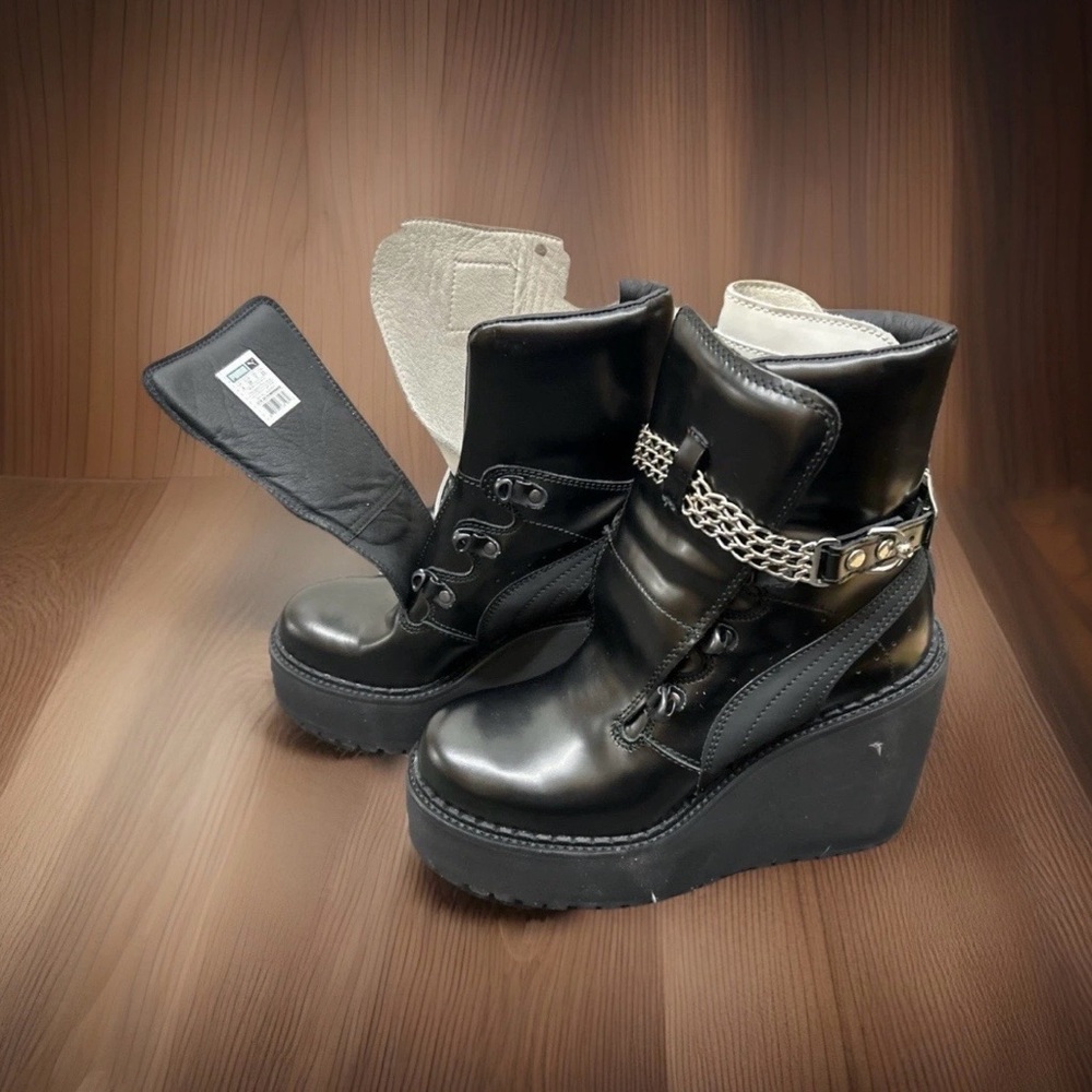 Puma Fenty by Rihanna Black Platform Wedge Ankle Boots with chaine detail